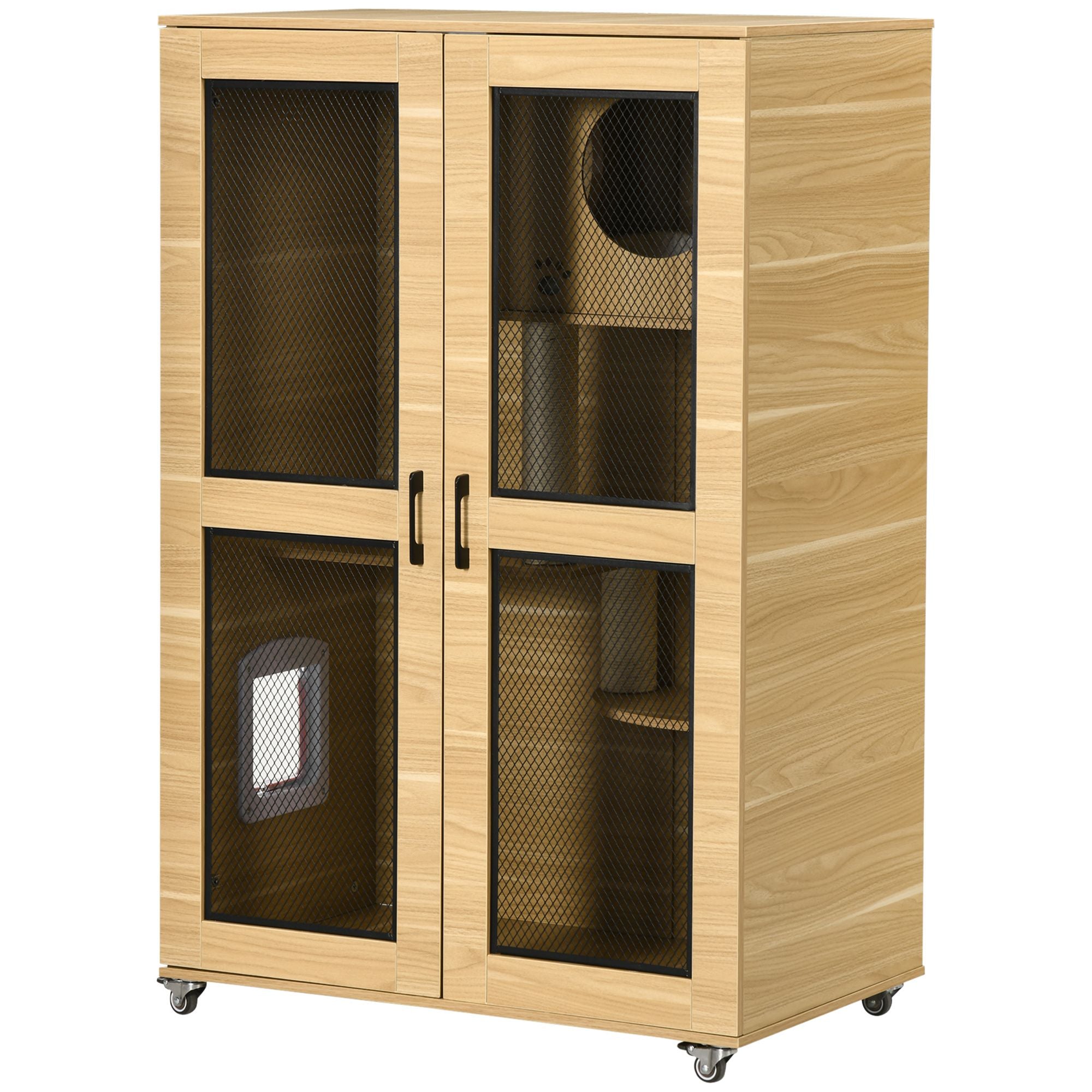 Oak Cat Enclosure with Tree, Scratching Posts & Lockable Wheels