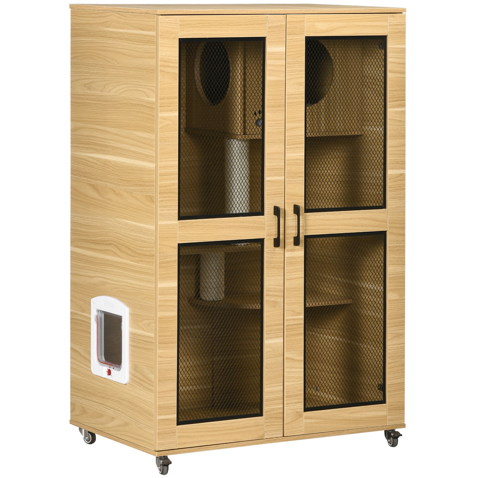 Oak Cat Enclosure with Tree, Scratching Posts & Lockable Wheels