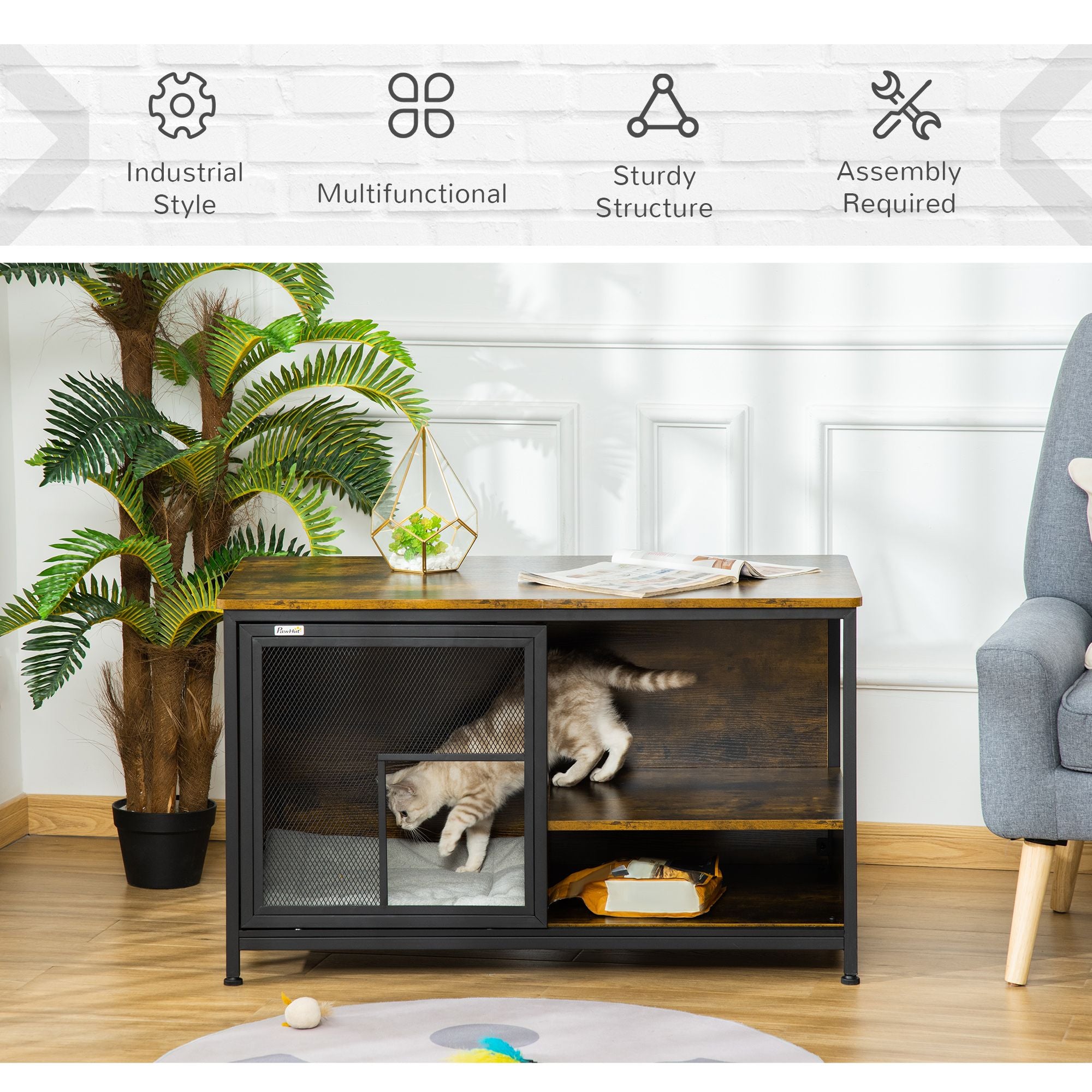 Stylish Cat Kennel End Table: Cozy Hideaway with Storage & Ventilation
