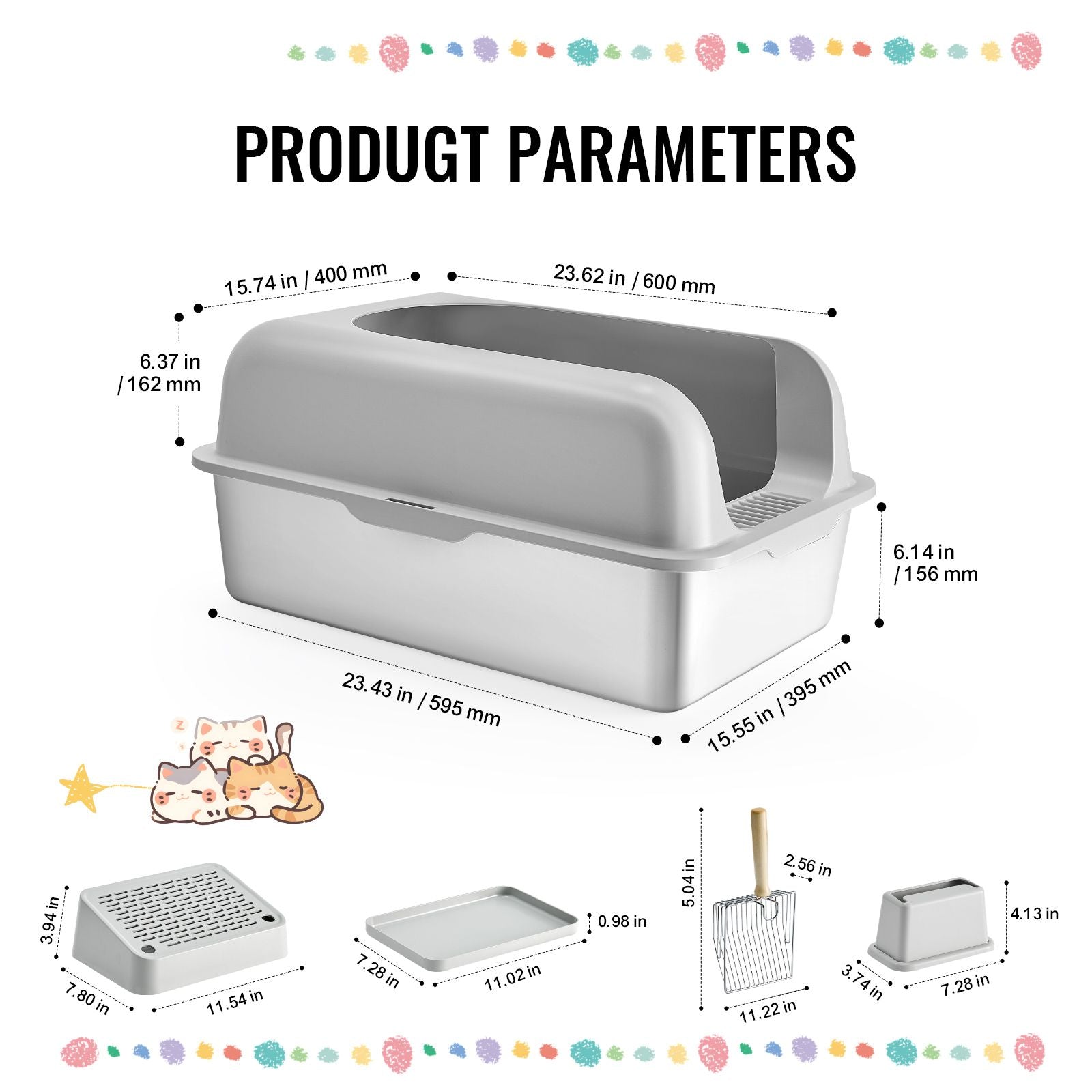 Cat Litter Box with High Sides & Filtering Foot Board – Odor-Free Cleaning, Includes Scoop
