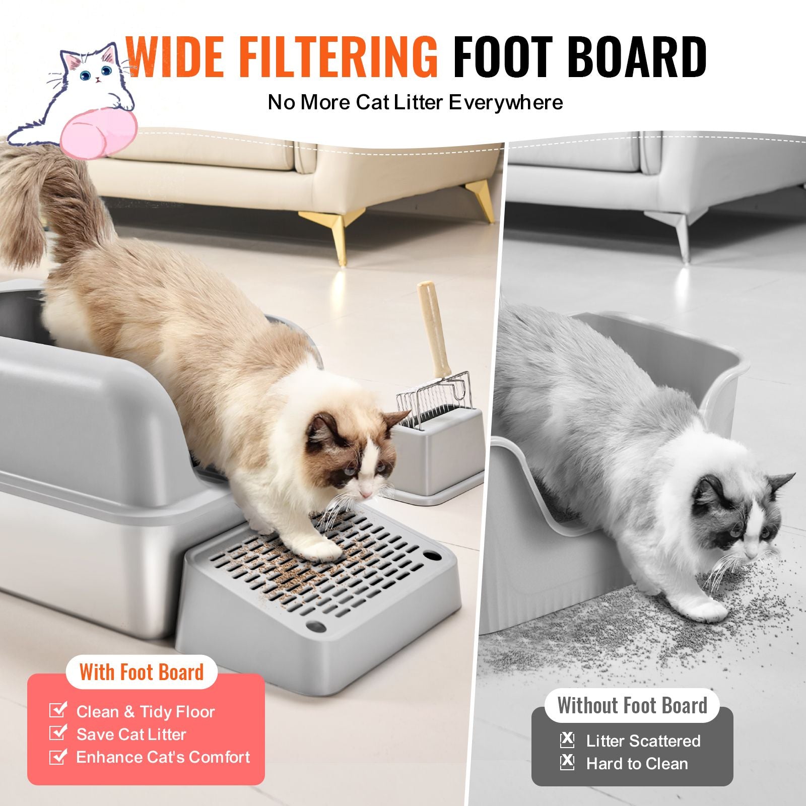 Cat Litter Box with High Sides & Filtering Foot Board – Odor-Free Cleaning, Includes Scoop