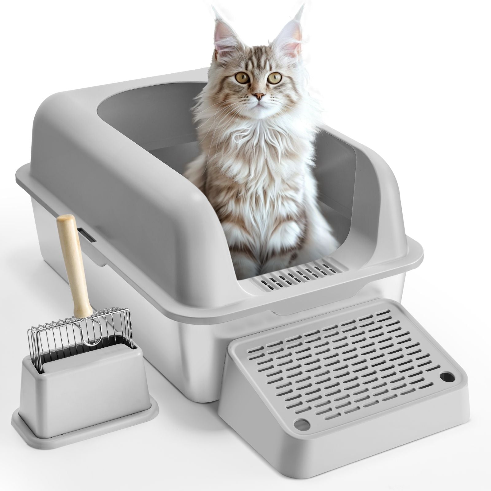 Cat Litter Box with High Sides & Filtering Foot Board – Odor-Free Cleaning, Includes Scoop