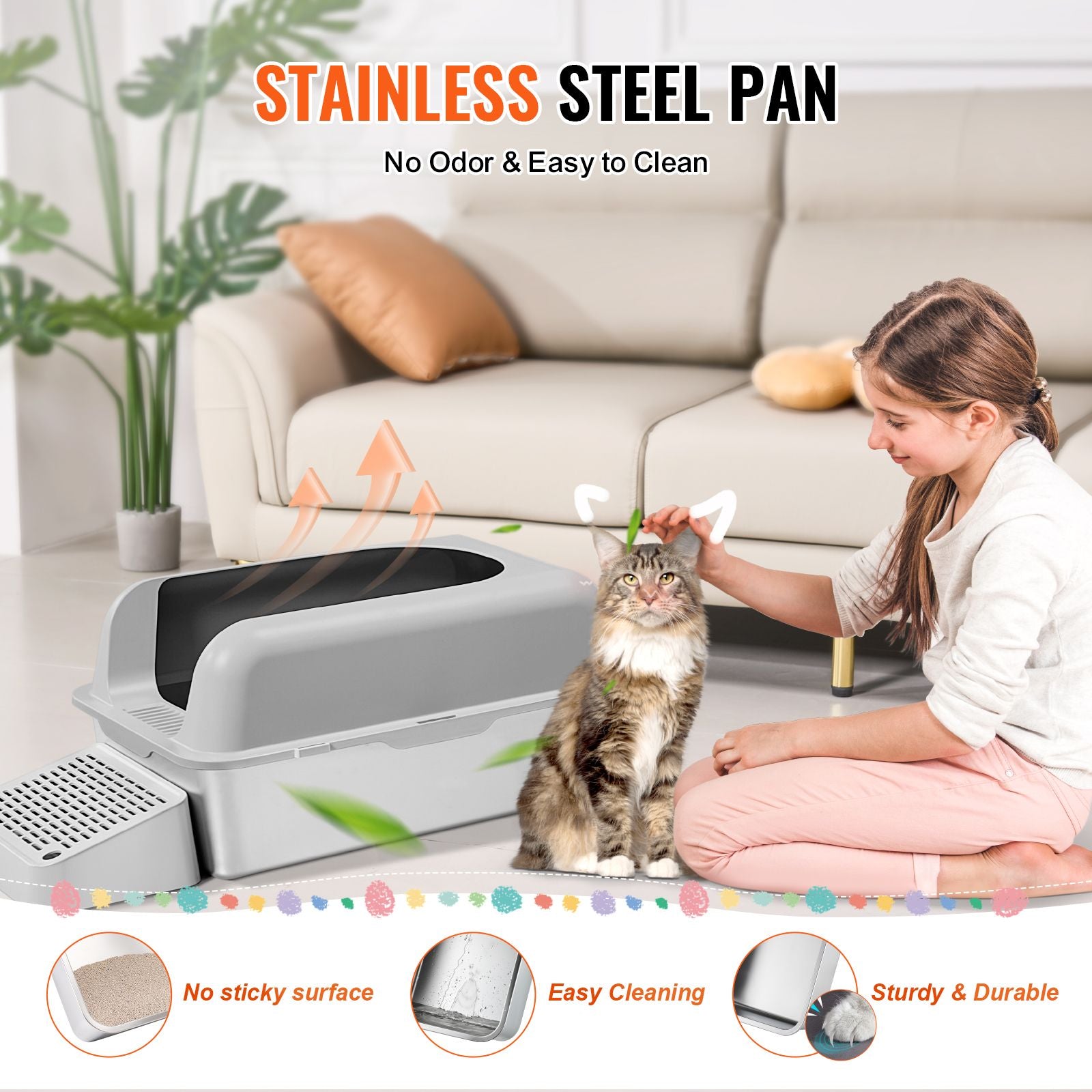Cat Litter Box with High Sides & Filtering Foot Board – Odor-Free Cleaning, Includes Scoop