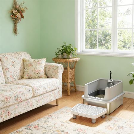 XL Stainless structured Cat Litter Box with High Sides and Filter Pedal