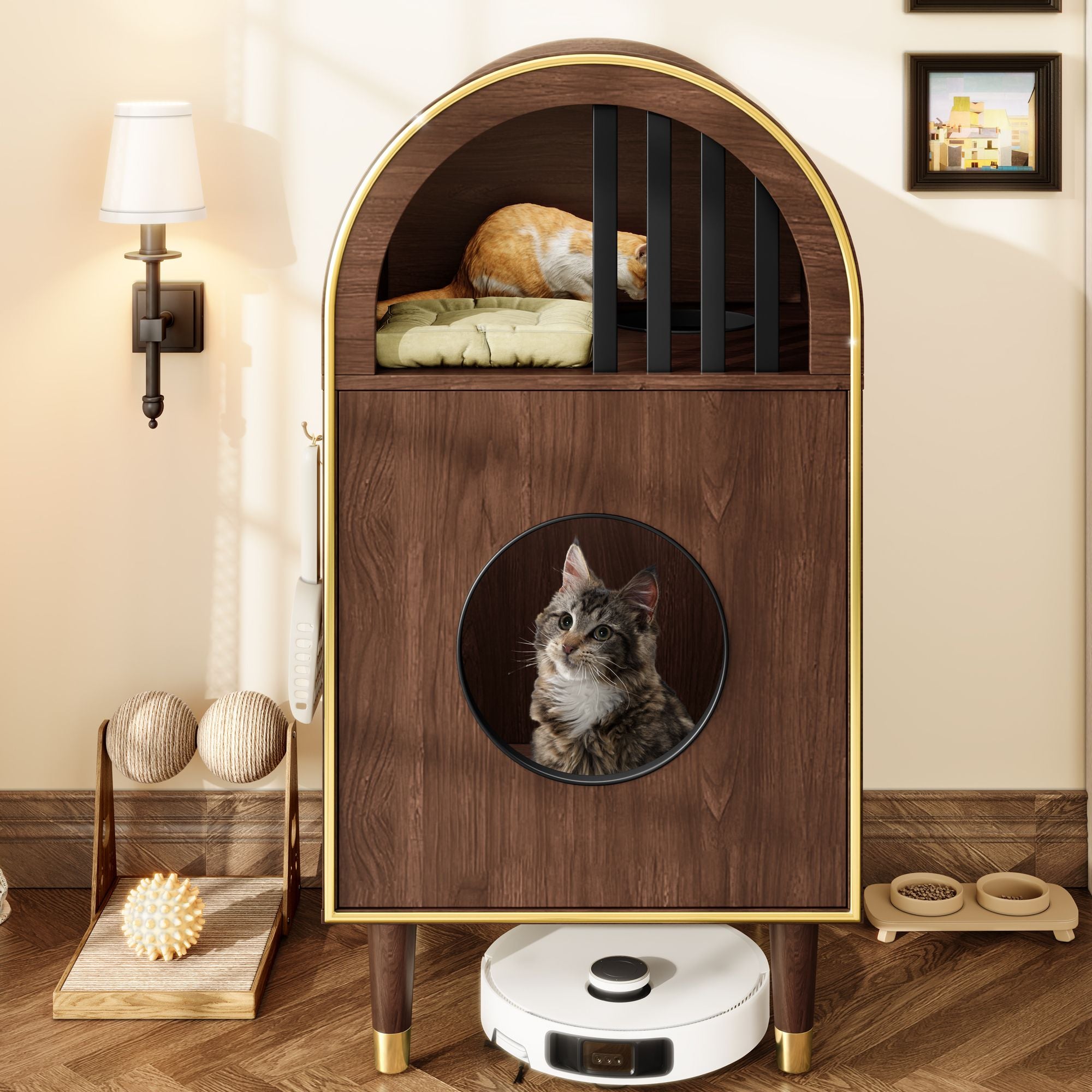 Modern Arched Cat Litter Box Enclosure with 2-Tier Cozy Haven