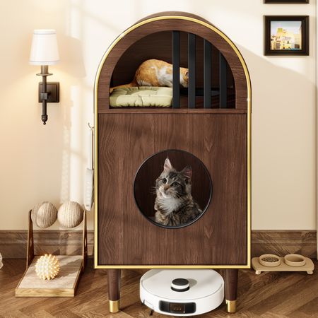 Modern Arched Cat Litter Box Enclosure with 2-Tier Cozy Haven