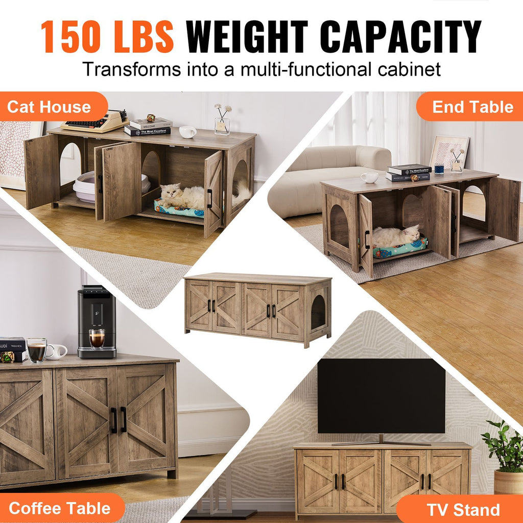 Cat Litter Box Enclosure for 2 Cats, Litter Box Furniture Hidden with Double Rooms, Wooden Cat Box Cabinet Fit Most of Litter Box, 47.2"L x 18.5"W x 19.7"H, Greige