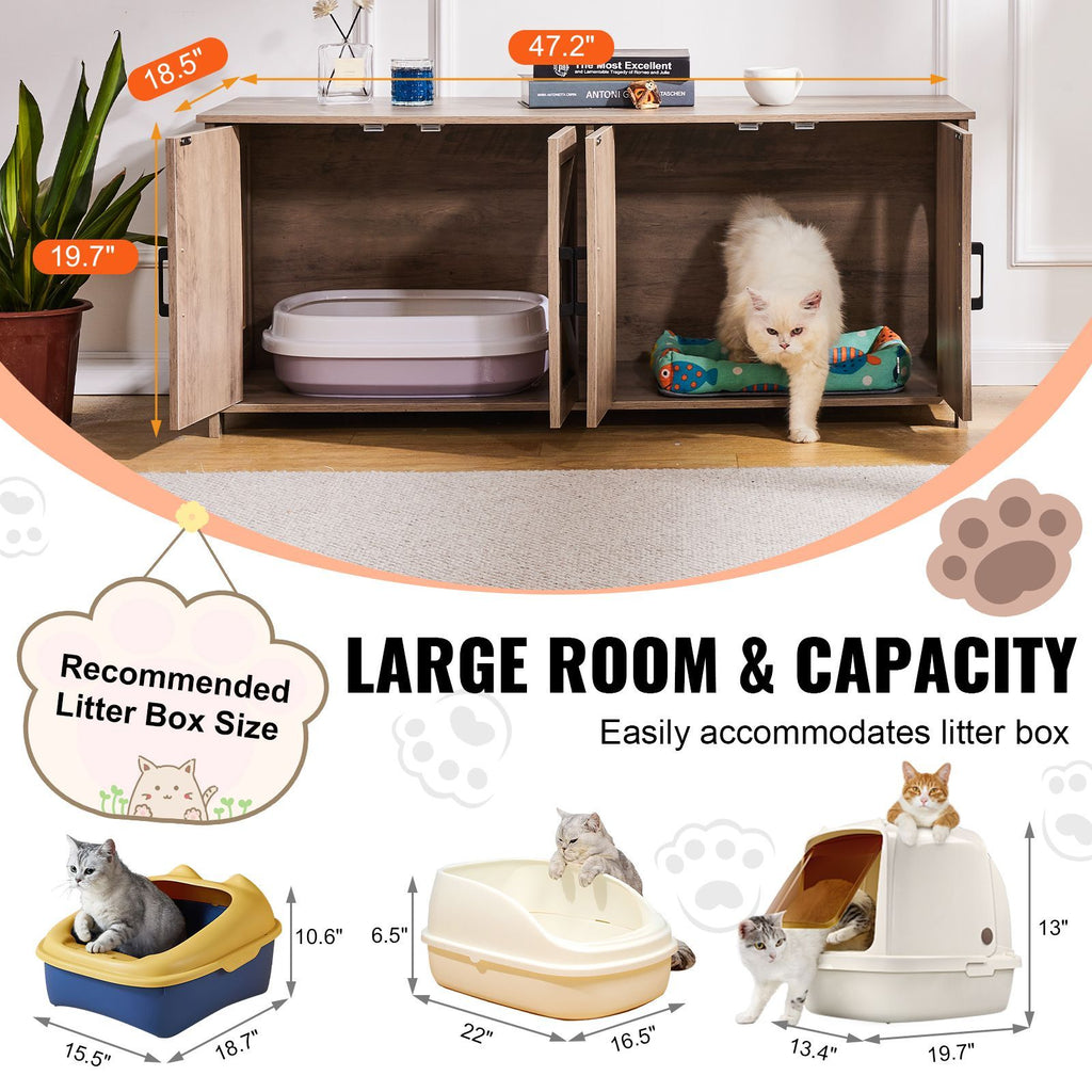 Cat Litter Box Enclosure for 2 Cats, Litter Box Furniture Hidden with Double Rooms, Wooden Cat Box Cabinet Fit Most of Litter Box, 47.2"L x 18.5"W x 19.7"H, Greige