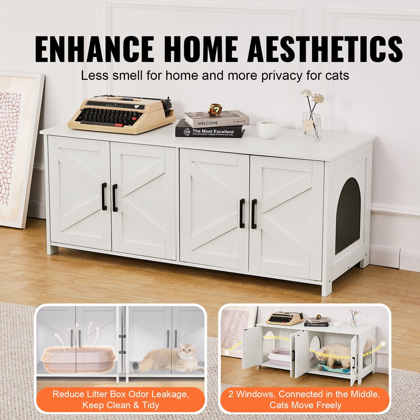 Cat Litter Box Enclosure for 2 Cats, Litter Box Furniture Hidden with Double Rooms, Wooden Cat Box Cabinet Fit Most of Litter Box, 47.2"L x 18.5"W x 19.7"H, White