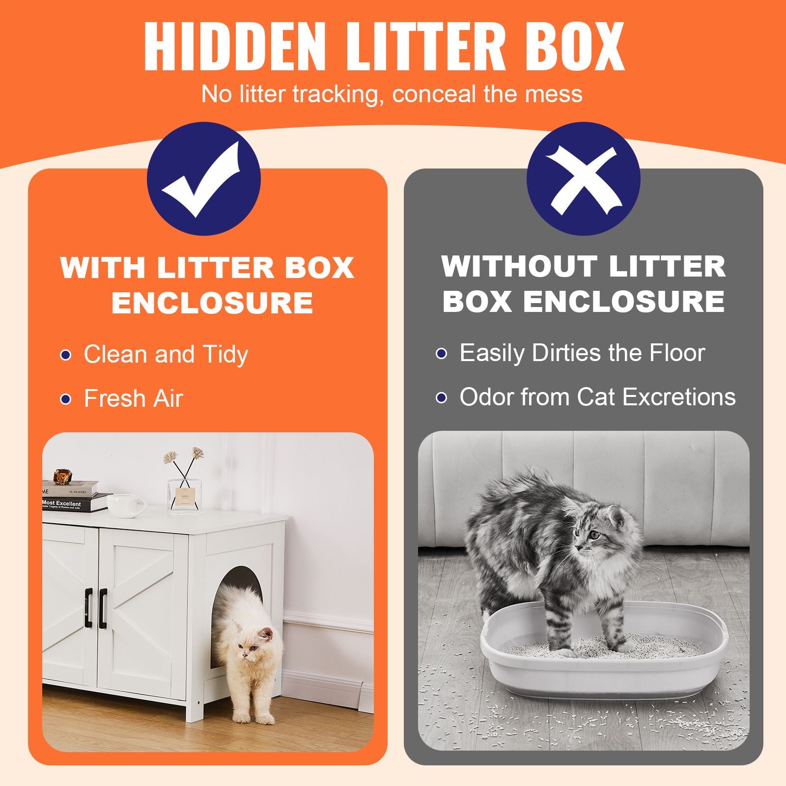 Cat Litter Box Enclosure for 2 Cats, Litter Box Furniture Hidden with Double Rooms, Wooden Cat Box Cabinet Fit Most of Litter Box, 47.2"L x 18.5"W x 19.7"H, White