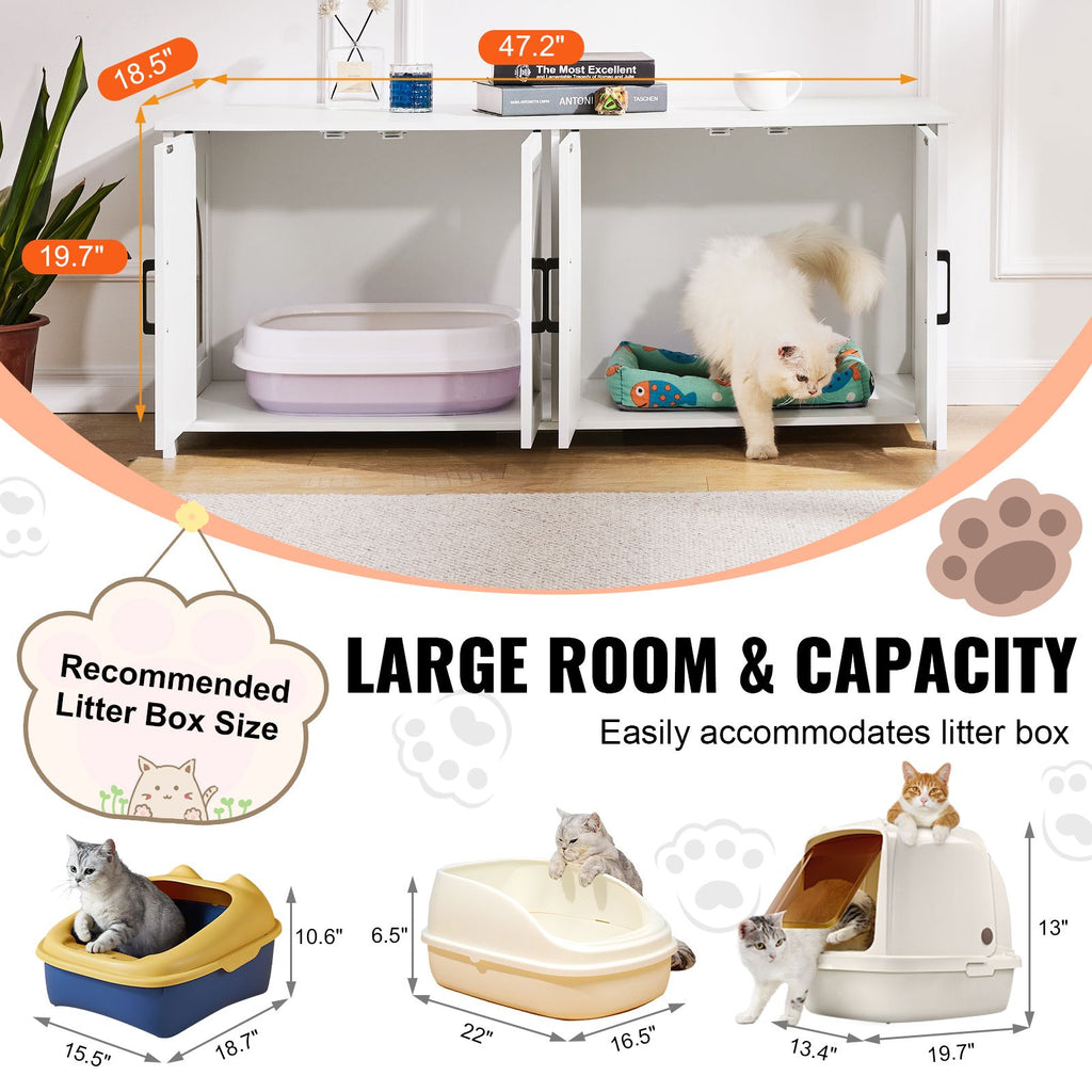 Cat Litter Box Enclosure for 2 Cats, Litter Box Furniture Hidden with Double Rooms, Wooden Cat Box Cabinet Fit Most of Litter Box, 47.2"L x 18.5"W x 19.7"H, White