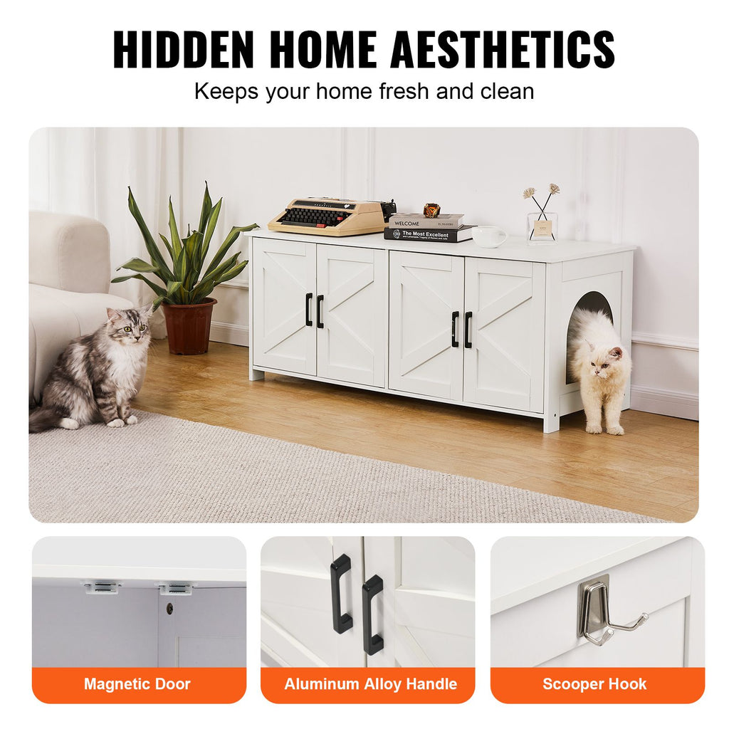 Cat Litter Box Enclosure for 2 Cats, Litter Box Furniture Hidden with Double Rooms, Wooden Cat Box Cabinet Fit Most of Litter Box, 47.2"L x 18.5"W x 19.7"H, White