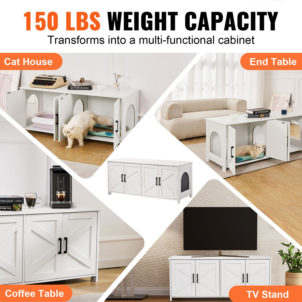 Cat Litter Box Enclosure for 2 Cats, Litter Box Furniture Hidden with Double Rooms, Wooden Cat Box Cabinet Fit Most of Litter Box, 47.2"L x 18.5"W x 19.7"H, White