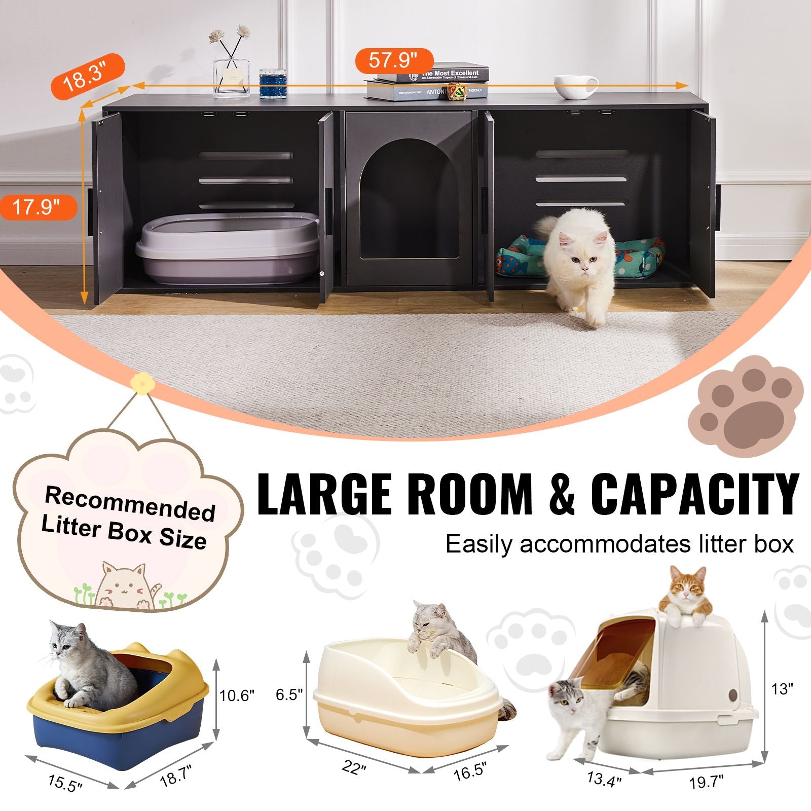 Cat Litter Box Enclosure for 2 Cats, Litter Box Furniture Hidden with Double Rooms, Wooden Cat Box Cabinet Fit Most of Litter Box, 57.9"L x 18.3"W x 17.9"H, Black