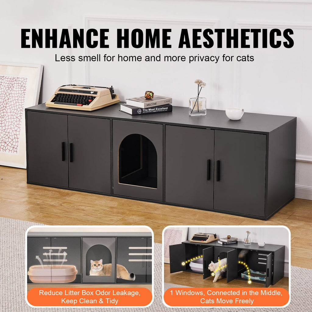 Cat Litter Box Enclosure for 2 Cats, Litter Box Furniture Hidden with Double Rooms, Wooden Cat Box Cabinet Fit Most of Litter Box, 57.9"L x 18.3"W x 17.9"H, Black
