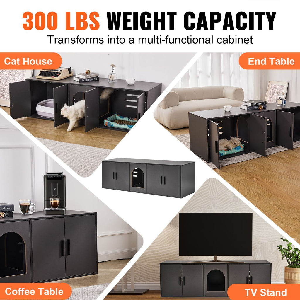Cat Litter Box Enclosure for 2 Cats, Litter Box Furniture Hidden with Double Rooms, Wooden Cat Box Cabinet Fit Most of Litter Box, 57.9"L x 18.3"W x 17.9"H, Black