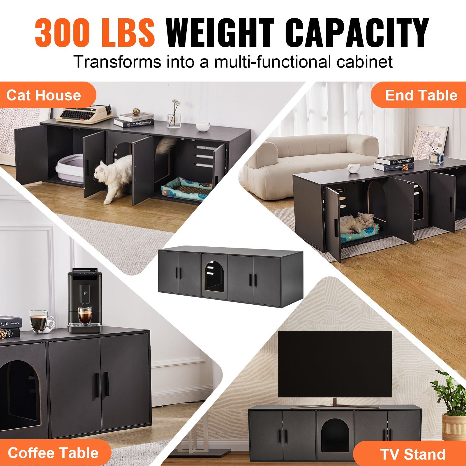 Cat Litter Box Enclosure for 2 Cats, Litter Box Furniture Hidden with Double Rooms, Wooden Cat Box Cabinet Fit Most of Litter Box, 57.9"L x 18.3"W x 17.9"H, Black