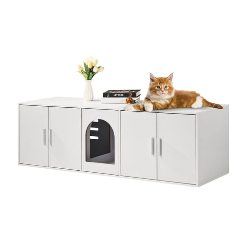 Cat Litter Box Enclosure for 2 Cats, Litter Box Furniture Hidden with Double Rooms, Wooden Cat Box Cabinet Fit Most of Litter Box, 57.9"L x 18.3"W x 17.9"H, White