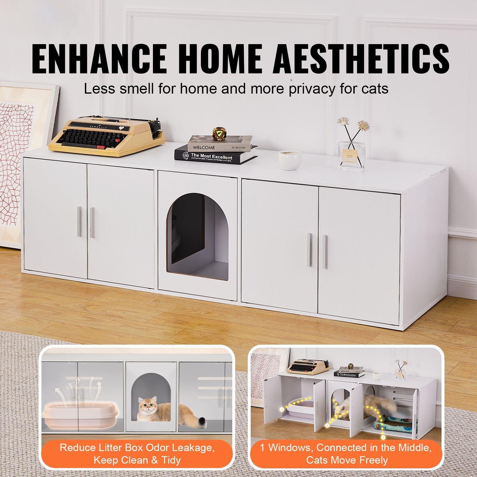 Cat Litter Box Enclosure for 2 Cats, Litter Box Furniture Hidden with Double Rooms, Wooden Cat Box Cabinet Fit Most of Litter Box, 57.9"L x 18.3"W x 17.9"H, White