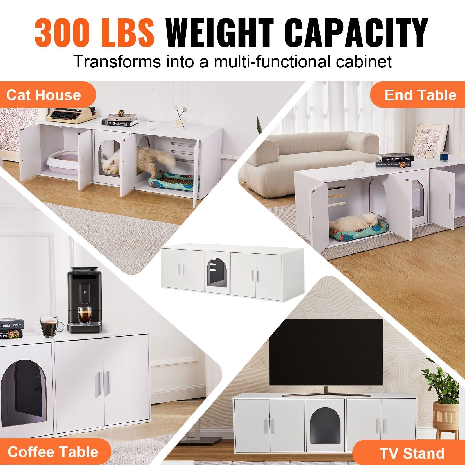 Cat Litter Box Enclosure for 2 Cats, Litter Box Furniture Hidden with Double Rooms, Wooden Cat Box Cabinet Fit Most of Litter Box, 57.9"L x 18.3"W x 17.9"H, White
