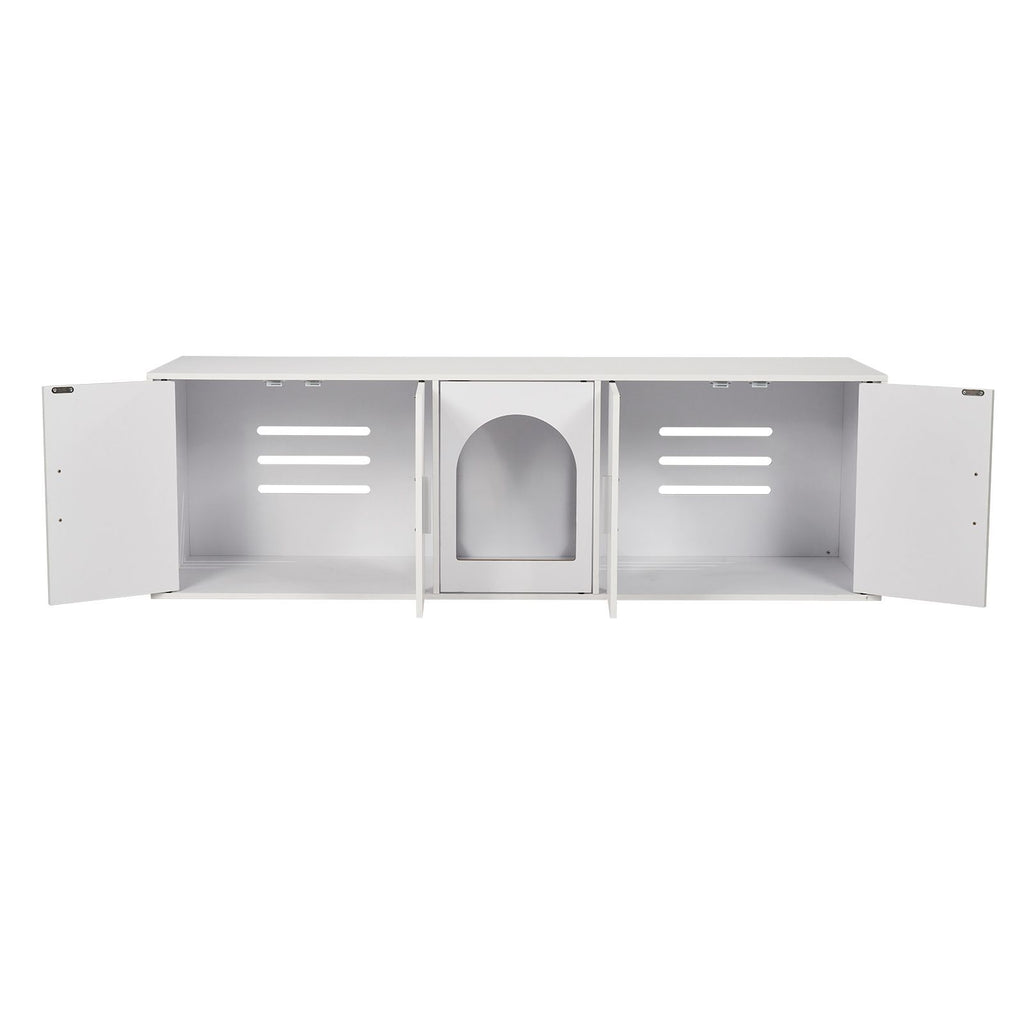 Cat Litter Box Enclosure for 2 Cats, Litter Box Furniture Hidden with Double Rooms, Wooden Cat Box Cabinet Fit Most of Litter Box, 57.9"L x 18.3"W x 17.9"H, White