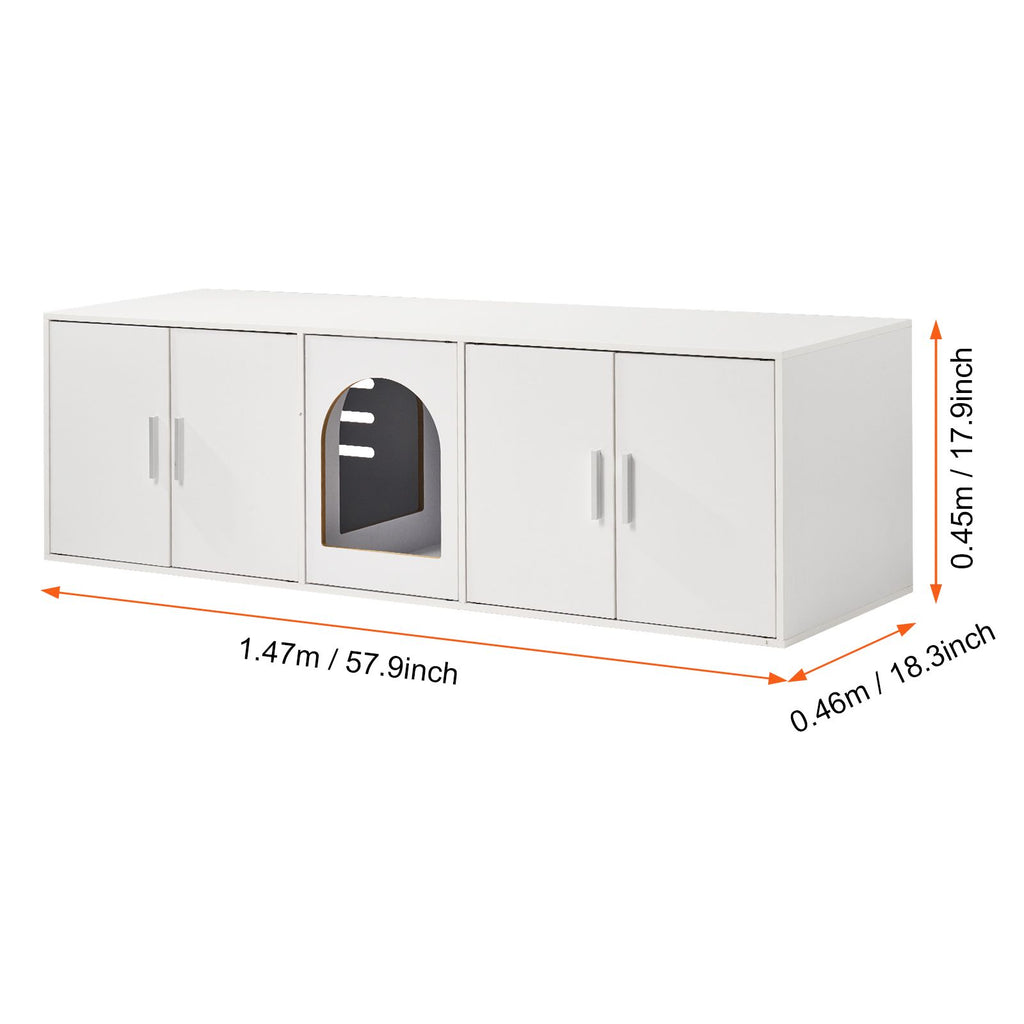 Cat Litter Box Enclosure for 2 Cats, Litter Box Furniture Hidden with Double Rooms, Wooden Cat Box Cabinet Fit Most of Litter Box, 57.9"L x 18.3"W x 17.9"H, White