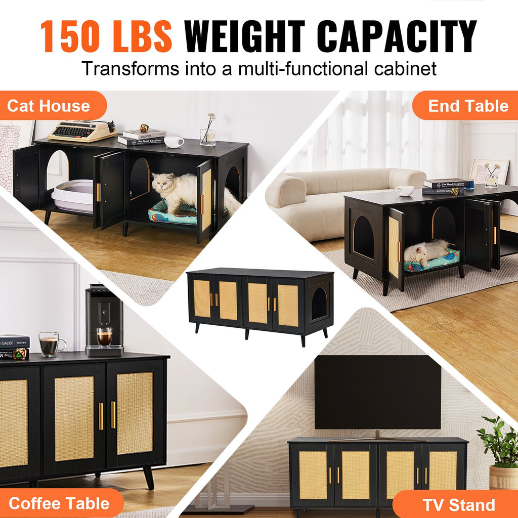 Cat Litter Box Enclosure for 2 Cats, Litter Box Furniture Hidden with Rattan Decorated Doors, Wooden Cat Box Cabinet Fit Most of Litter Box, 47.2"L x 19.7"W x 21.7"H, Black