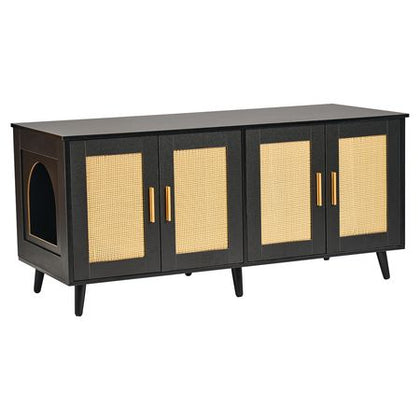 Cat Litter Box Enclosure for 2 Cats, Litter Box Furniture Hidden with Rattan Decorated Doors, Wooden Cat Box Cabinet Fit Most of Litter Box, 47.2"L x 19.7"W x 21.7"H, Black