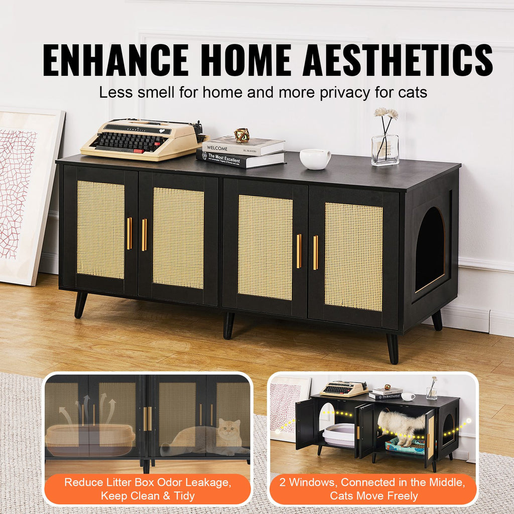 Cat Litter Box Enclosure for 2 Cats, Litter Box Furniture Hidden with Rattan Decorated Doors, Wooden Cat Box Cabinet Fit Most of Litter Box, 47.2"L x 19.7"W x 21.7"H, Black