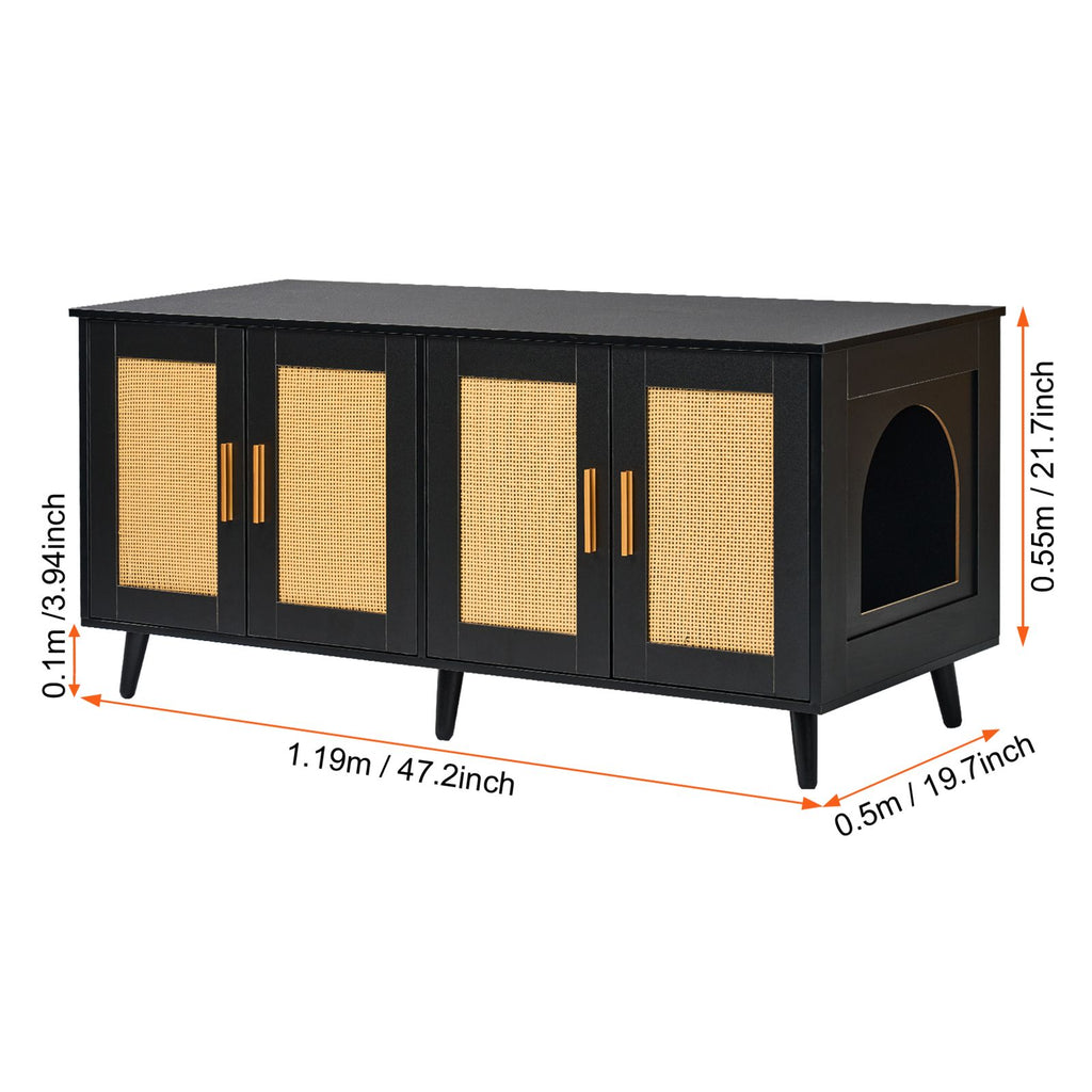 Cat Litter Box Enclosure for 2 Cats, Litter Box Furniture Hidden with Rattan Decorated Doors, Wooden Cat Box Cabinet Fit Most of Litter Box, 47.2"L x 19.7"W x 21.7"H, Black