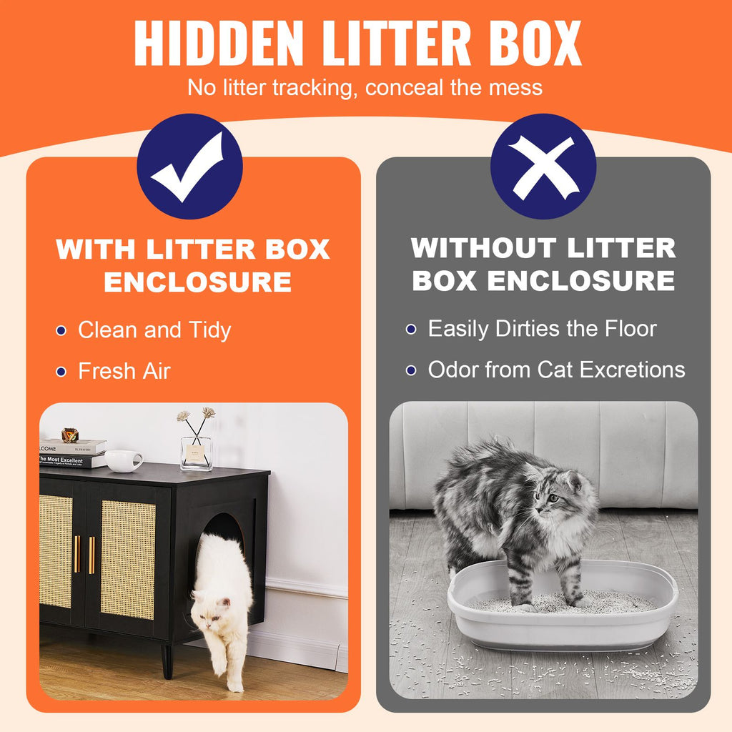 Cat Litter Box Enclosure for 2 Cats, Litter Box Furniture Hidden with Rattan Decorated Doors, Wooden Cat Box Cabinet Fit Most of Litter Box, 47.2"L x 19.7"W x 21.7"H, Black