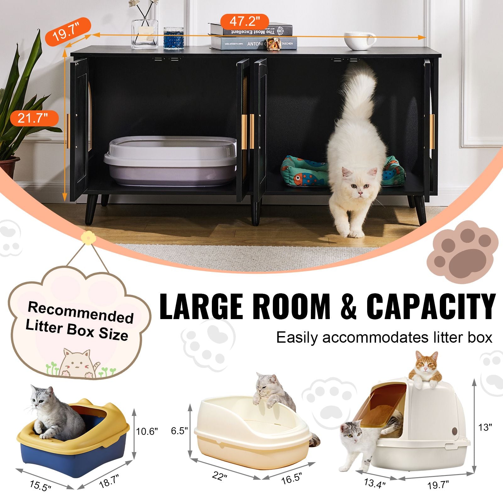 Cat Litter Box Enclosure for 2 Cats, Litter Box Furniture Hidden with Rattan Decorated Doors, Wooden Cat Box Cabinet Fit Most of Litter Box, 47.2"L x 19.7"W x 21.7"H, Black