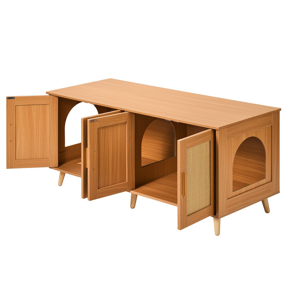 Cat Litter Box Enclosure for 2 Cats, Litter Box Furniture Hidden with Rattan Decorated Doors, Wooden Cat Box Cabinet Fit Most of Litter Box, 47.2"L x 19.7"W x 21.7"H, Natural