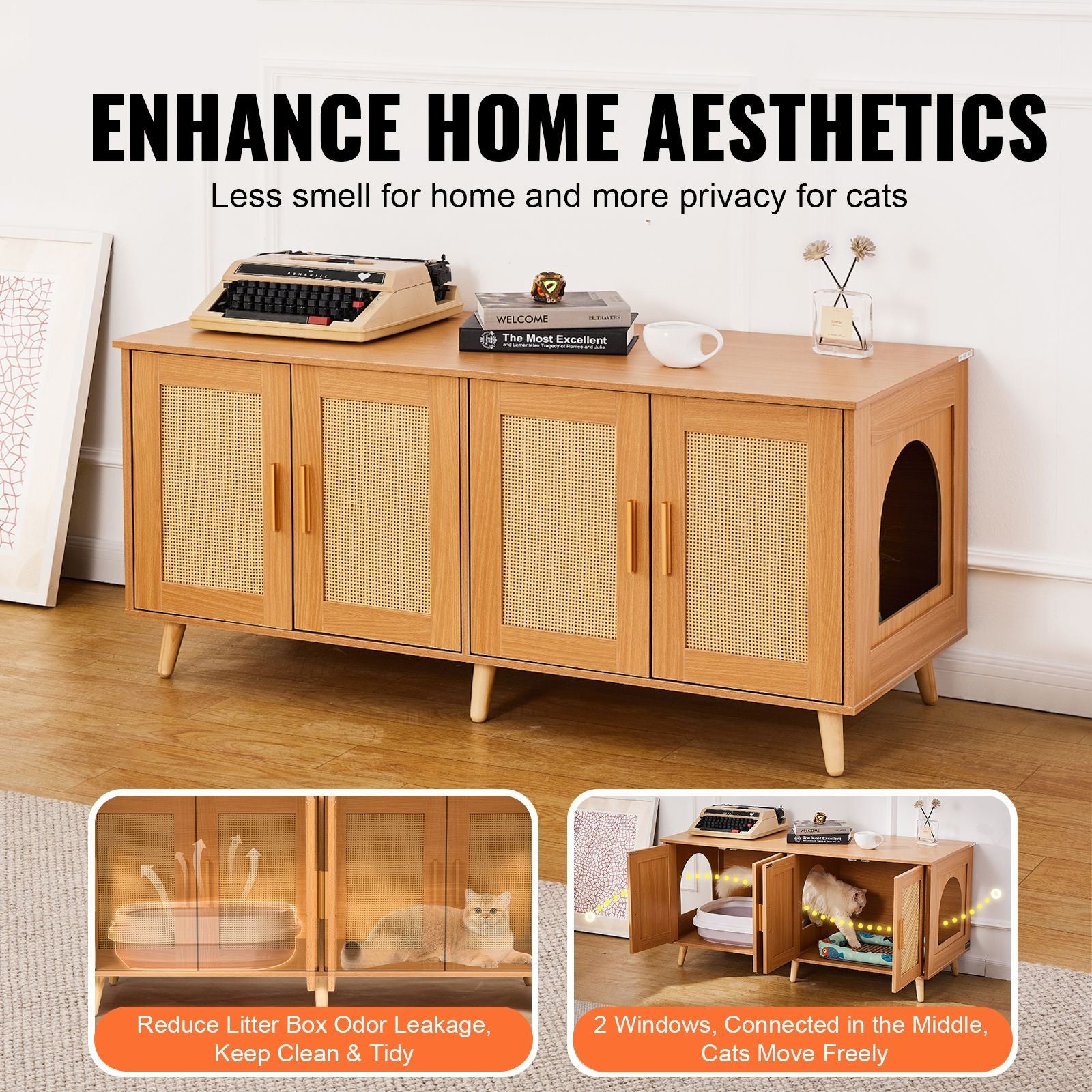 Cat Litter Box Enclosure for 2 Cats, Litter Box Furniture Hidden with Rattan Decorated Doors, Wooden Cat Box Cabinet Fit Most of Litter Box, 47.2"L x 19.7"W x 21.7"H, Natural