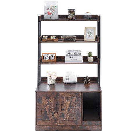 Cat Litter Box Enclosure, Hidden Litter Box Furniture with 3 Storage Shelves, Wooden Cat Washroom Indoor, Large Cat House Cabinet Hidden Fit Most Litter Box, 33.5"L x 19.3"W x 58.7"H, Dark Brown