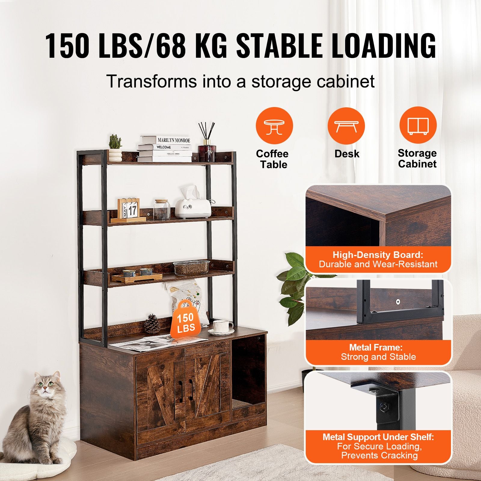 Cat Litter Box Enclosure, Hidden Litter Box Furniture with 3 Storage Shelves, Wooden Cat Washroom Indoor, Large Cat House Cabinet Hidden Fit Most Litter Box, 33.5"L x 19.3"W x 58.7"H, Dark Brown