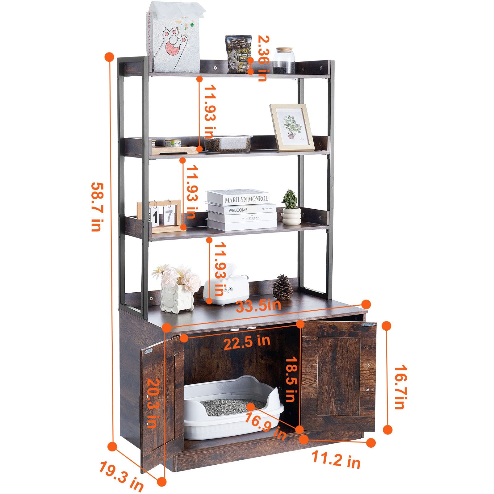 Cat Litter Box Enclosure, Hidden Litter Box Furniture with 3 Storage Shelves, Wooden Cat Washroom Indoor, Large Cat House Cabinet Hidden Fit Most Litter Box, 33.5"L x 19.3"W x 58.7"H, Dark Brown