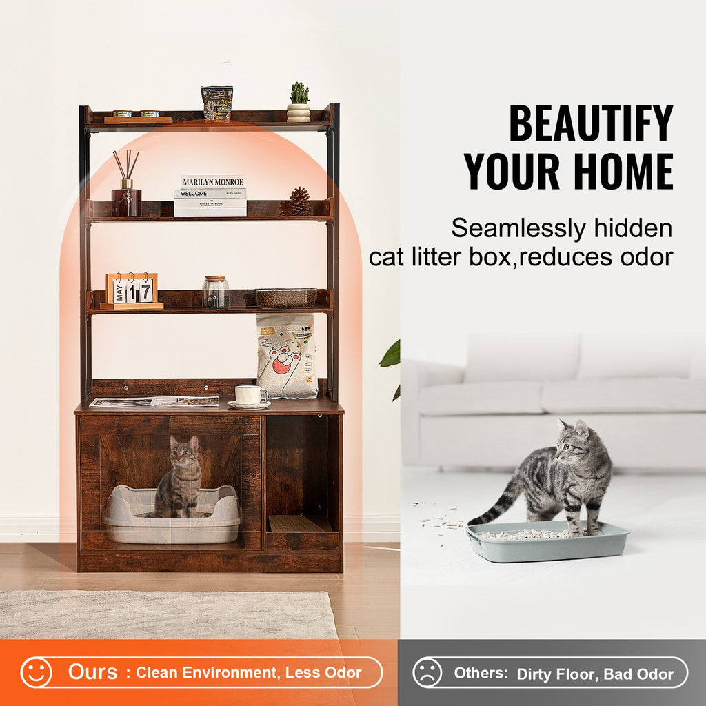 Cat Litter Box Enclosure, Hidden Litter Box Furniture with 3 Storage Shelves, Wooden Cat Washroom Indoor, Large Cat House Cabinet Hidden Fit Most Litter Box, 33.5"L x 19.3"W x 58.7"H, Dark Brown