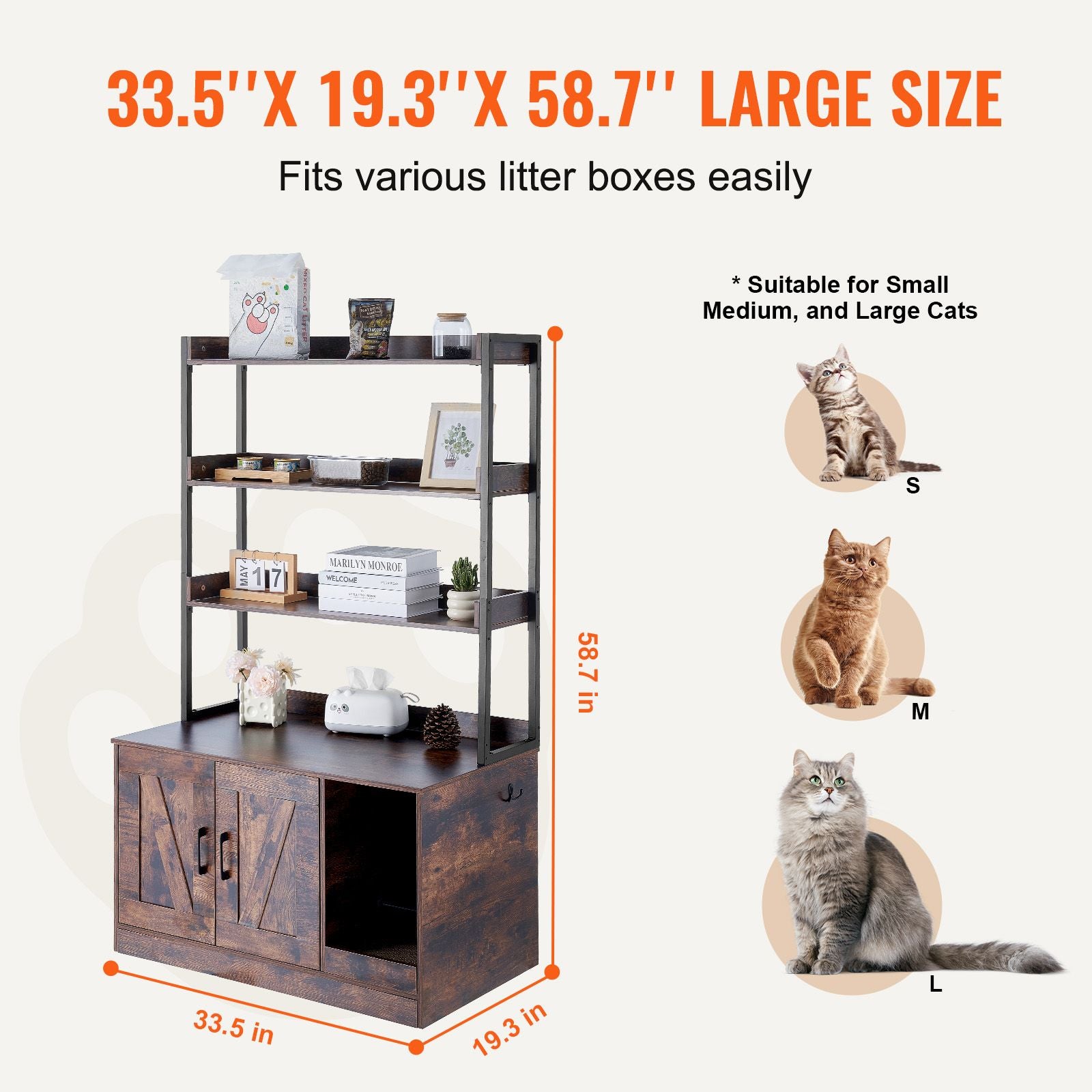 Cat Litter Box Enclosure, Hidden Litter Box Furniture with 3 Storage Shelves, Wooden Cat Washroom Indoor, Large Cat House Cabinet Hidden Fit Most Litter Box, 33.5"L x 19.3"W x 58.7"H, Dark Brown