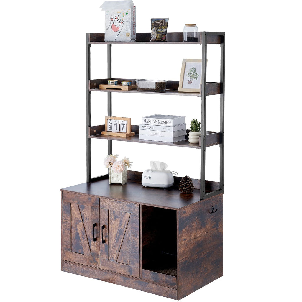 Cat Litter Box Enclosure, Hidden Litter Box Furniture with 3 Storage Shelves, Wooden Cat Washroom Indoor, Large Cat House Cabinet Hidden Fit Most Litter Box, 33.5"L x 19.3"W x 58.7"H, Dark Brown