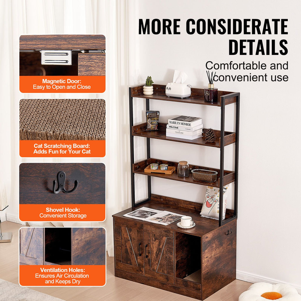 Cat Litter Box Enclosure, Hidden Litter Box Furniture with 3 Storage Shelves, Wooden Cat Washroom Indoor, Large Cat House Cabinet Hidden Fit Most Litter Box, 33.5"L x 19.3"W x 58.7"H, Dark Brown