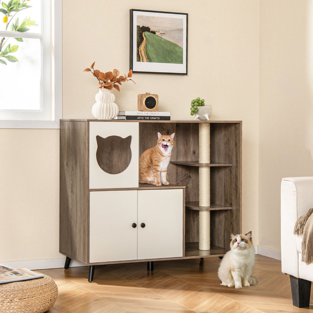 Multi-Functional Cat Litter Box Enclosure with Scratching Posts and Play Area