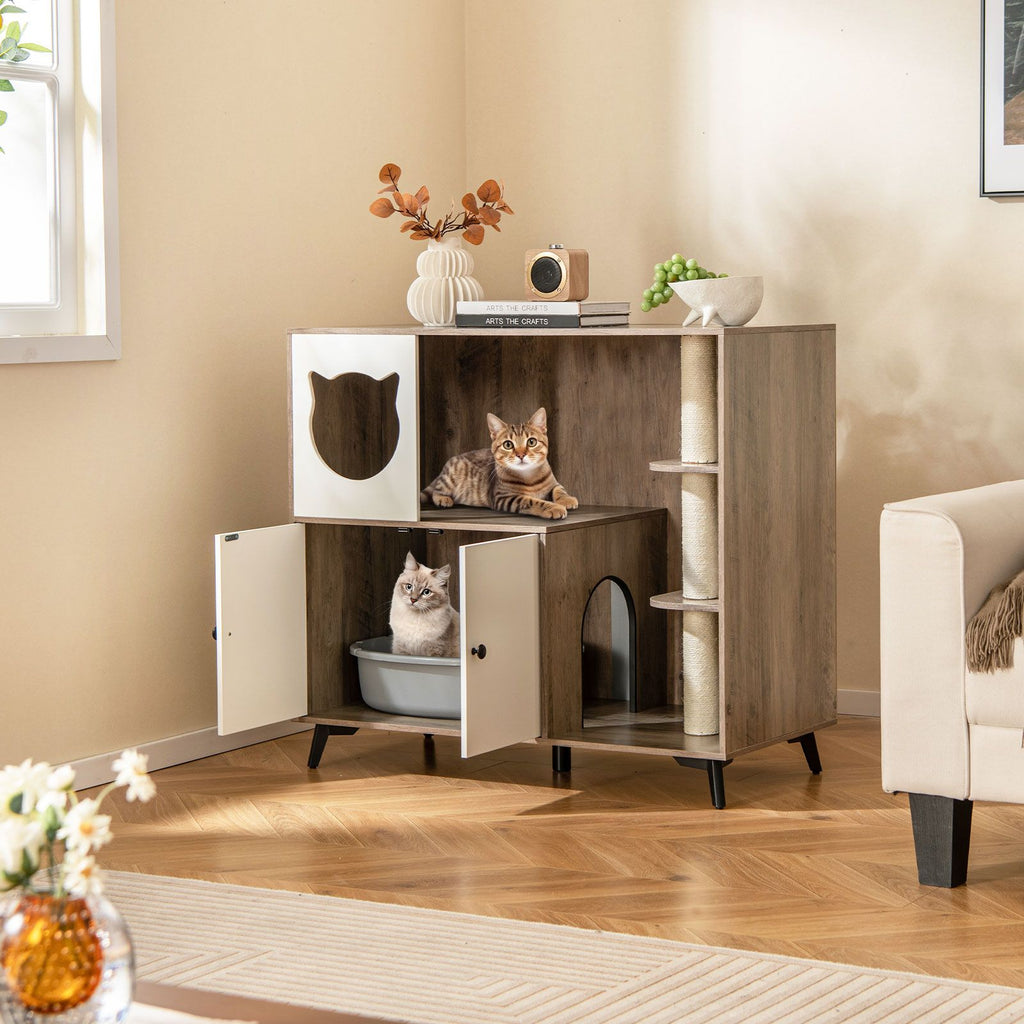 Multi-Functional Cat Litter Box Enclosure with Scratching Posts and Play Area