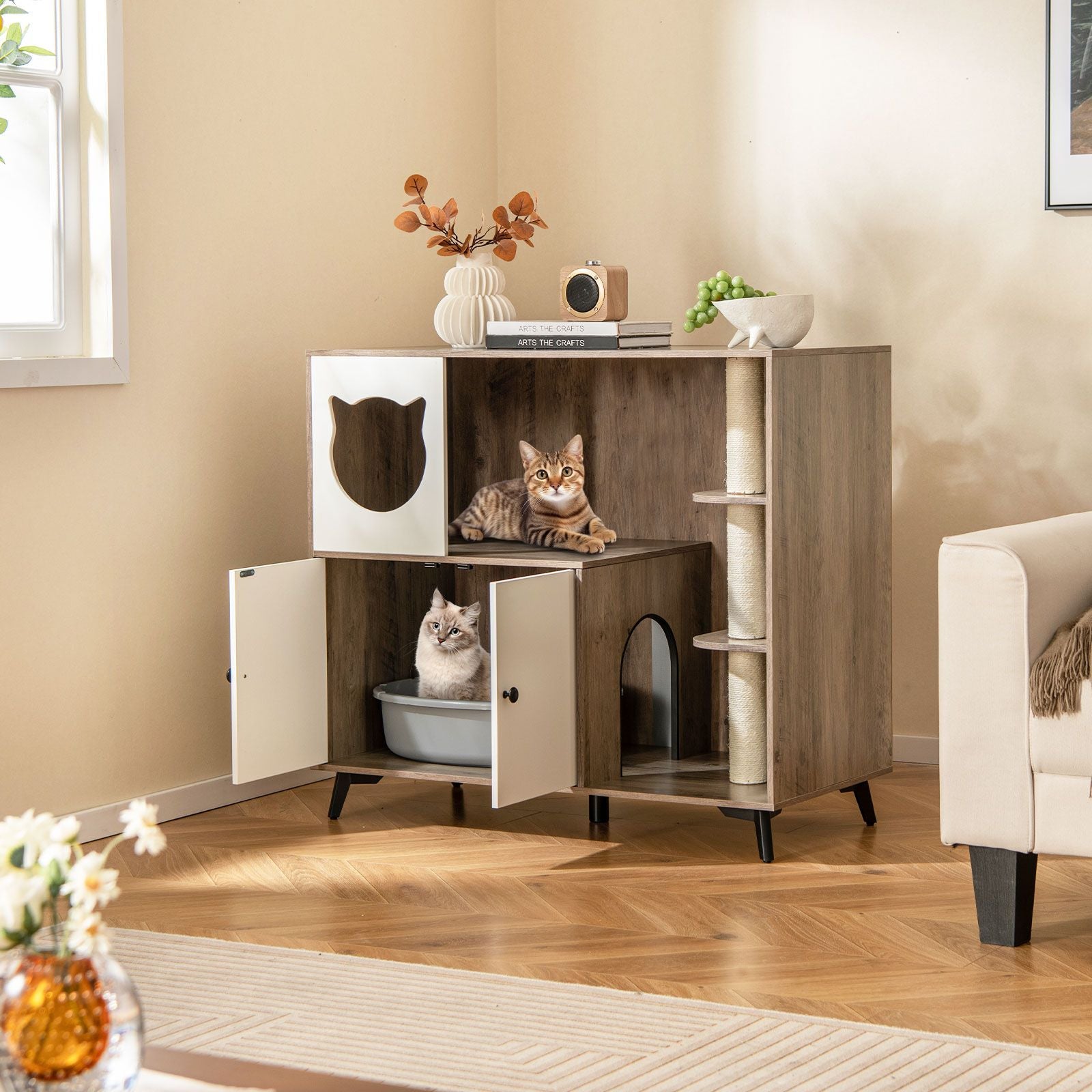 Multi-Functional Cat Litter Box Enclosure with Scratching Posts and Play Area