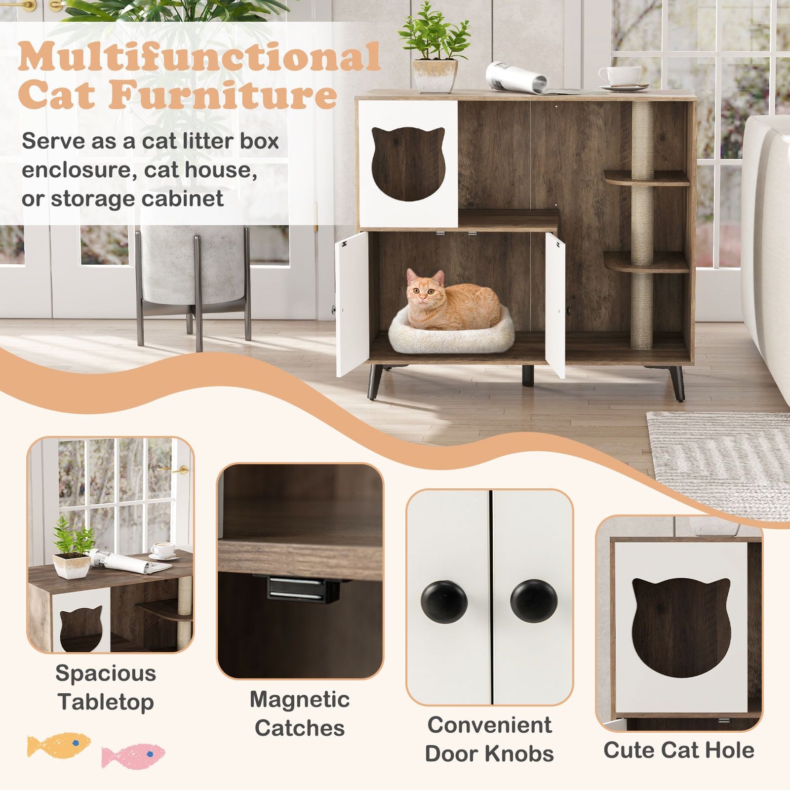 Multi-Functional Cat Litter Box Enclosure with Scratching Posts and Play Area