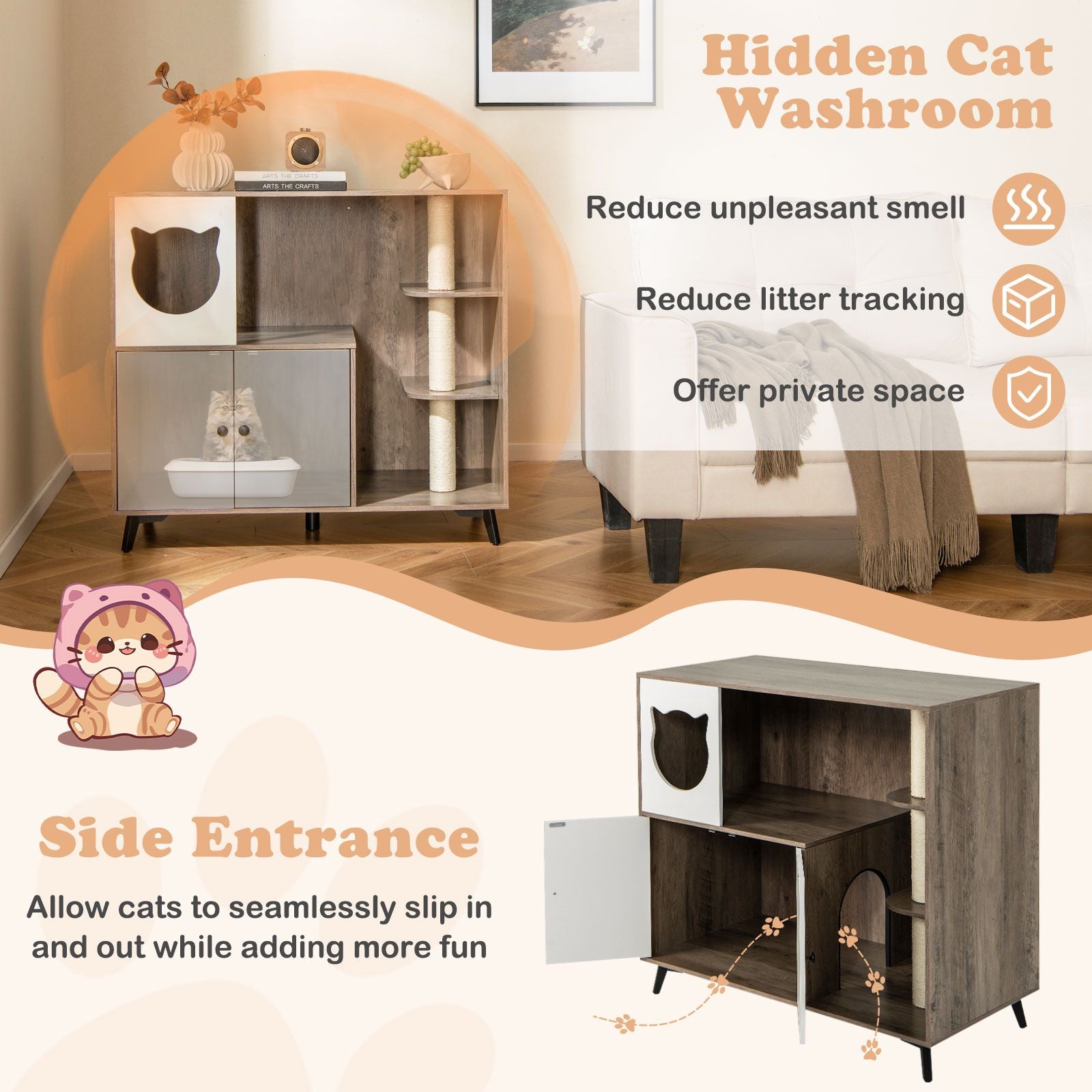 Multi-Functional Cat Litter Box Enclosure with Scratching Posts and Play Area