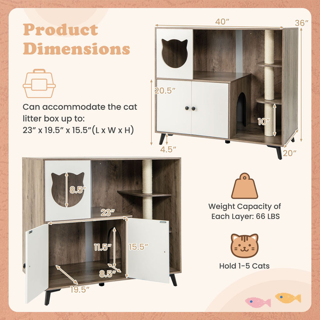 Multi-Functional Cat Litter Box Enclosure with Scratching Posts and Play Area