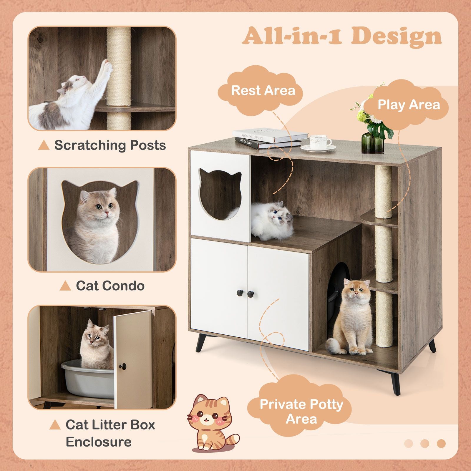 Multi-Functional Cat Litter Box Enclosure with Scratching Posts and Play Area