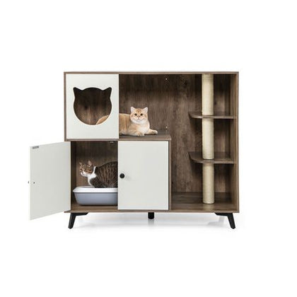 Multi-Functional Cat Litter Box Enclosure with Scratching Posts and Play Area