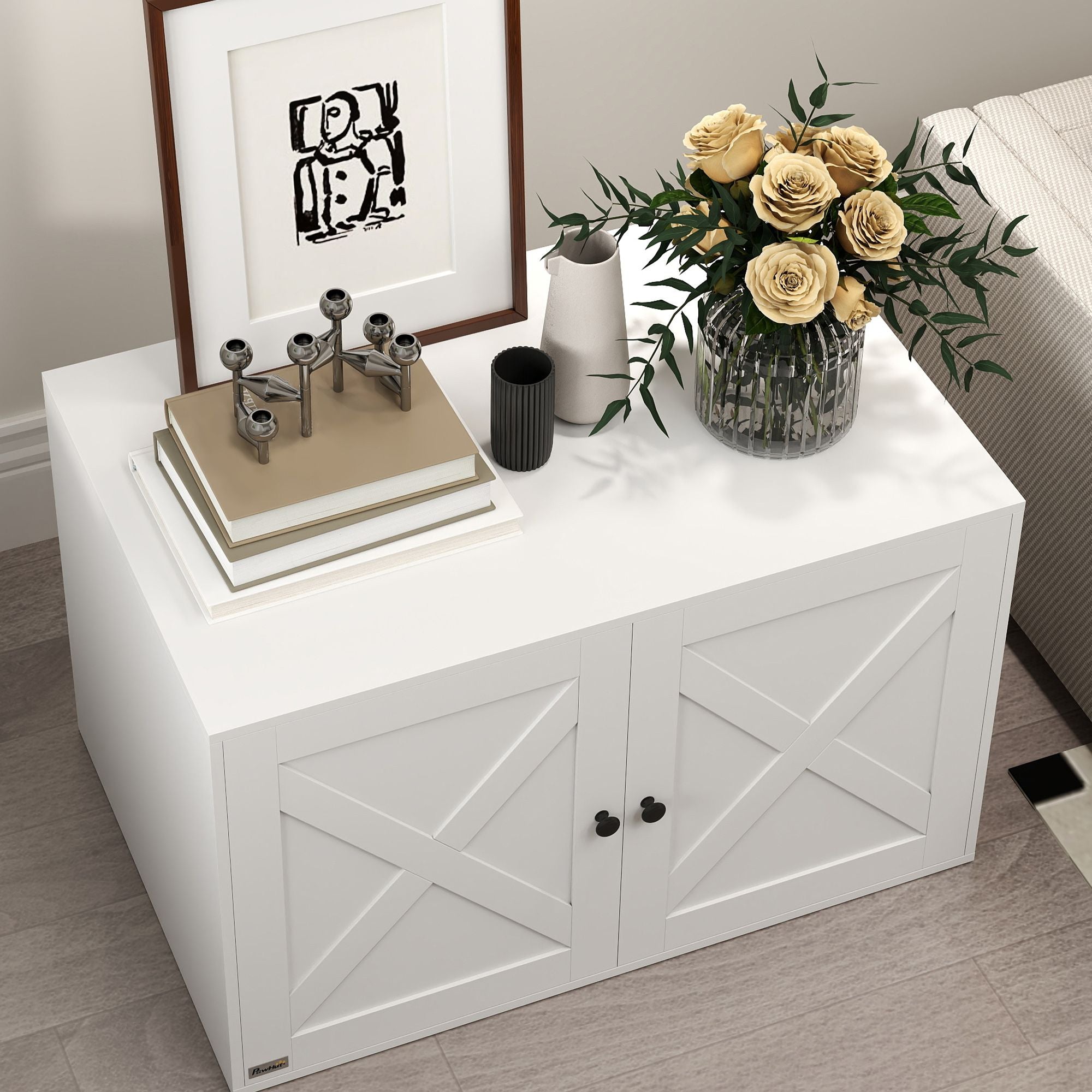 Cat Litter Box Enclosure with Barn Door, Cat Hole, 31.5" x 21" x 20", White